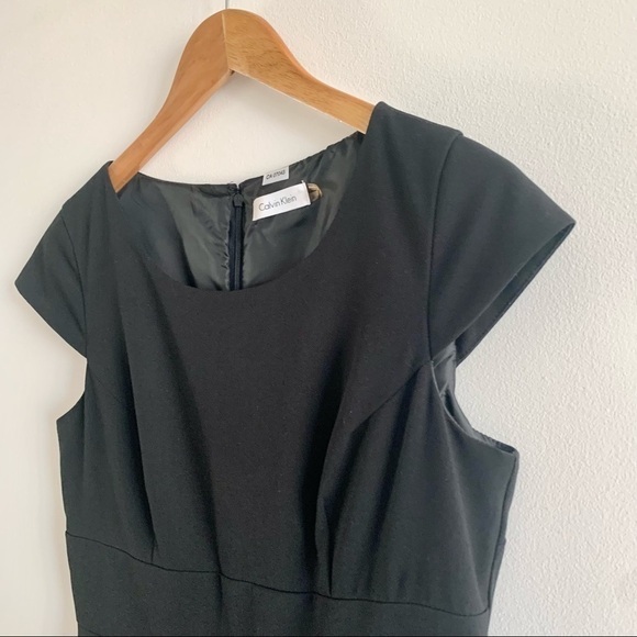 CALVIN KLEIN Simple Cap Sleeve Peplum Skirt Jewel Neck Black Midi Dress Stretch - Picture 6 of 15